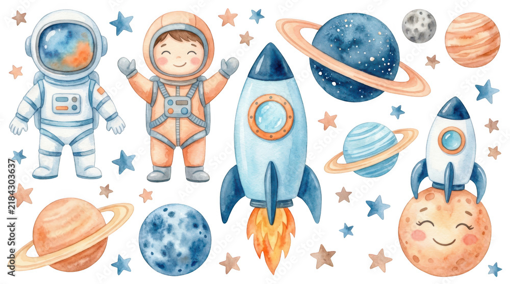 Fototapeta premium Watercolor space elements set featuring cute astronauts rockets planets with rings moon and stars Hand painted celestial collection for cosmic designs and children illustration