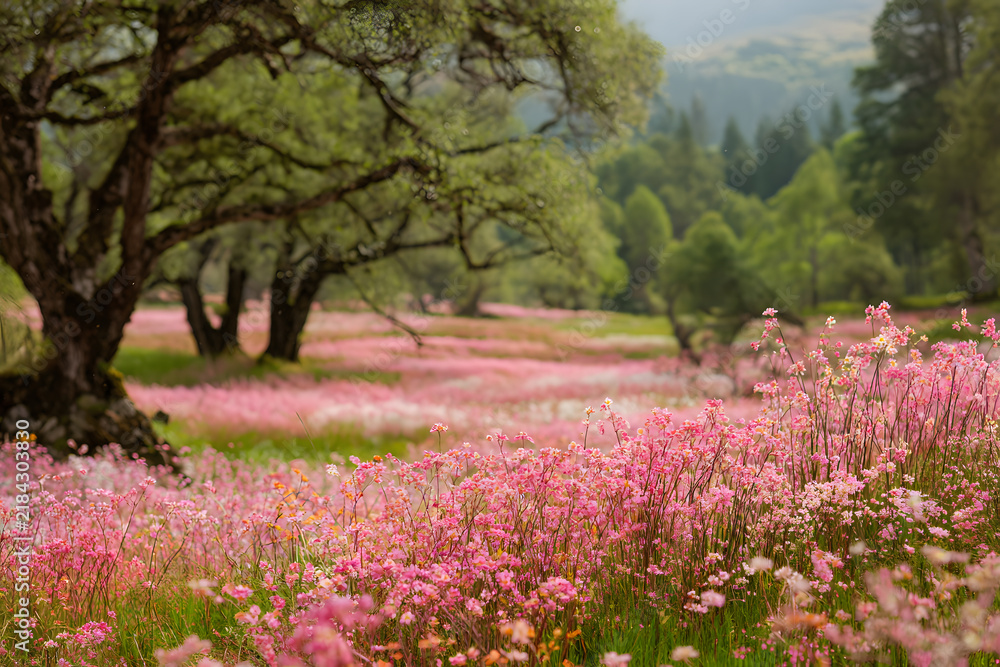 Fototapeta premium a field of pink flowers with trees in the background
