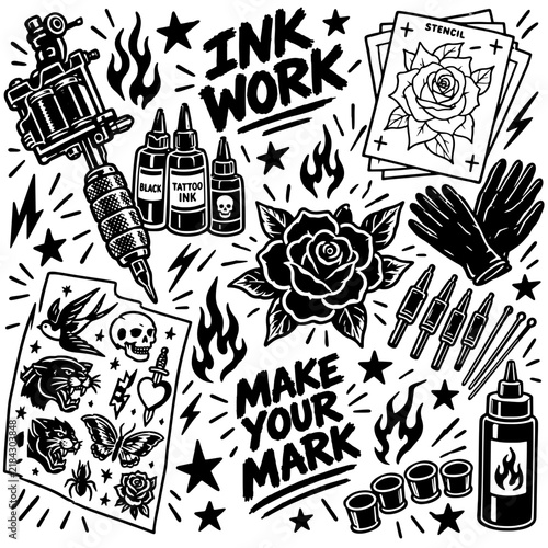 Tattoo Studio Equipment Vintage Doodle Elements