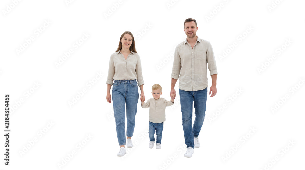Fototapeta premium Happy Young Family with Little Son Walking and Holding Hands Isolated on Transparent Background