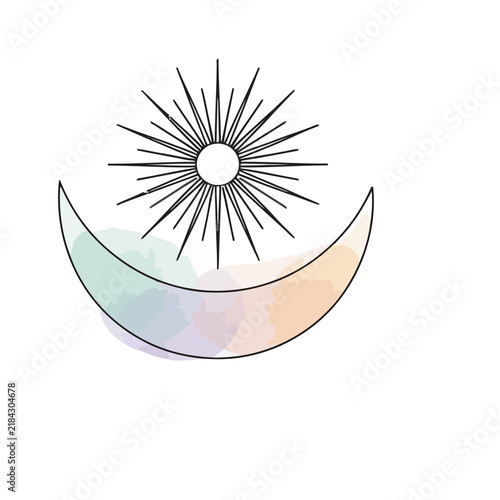 Sun and Crescent Moon with Watercolor Splashes