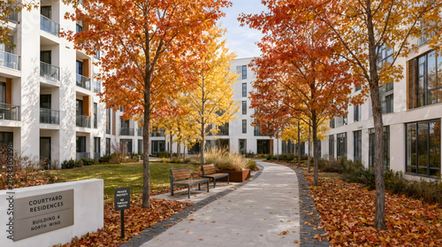 Modern Apartment Buildings Surrounded by Green Landscaping in a Peaceful Urban Residential Area for Travel