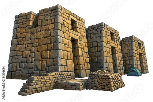 ペルーのマチュピチュにあるインカ帝国の古代石造建築遺跡を再現した3Dレンダリング画像。精巧に積み上げられた石壁と台形の入り口が特徴的で、背景が白抜きされた孤立したデザイン素材として、歴史、旅行、考古学をテーマにしたプロジェクトに最適です。