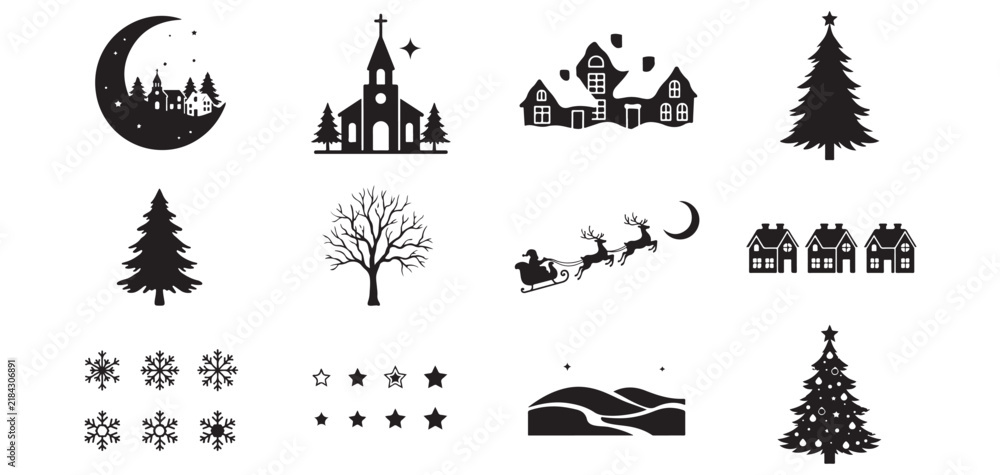 Fototapeta premium Winter village landscape and Santa Claus sleigh vector silhouette set