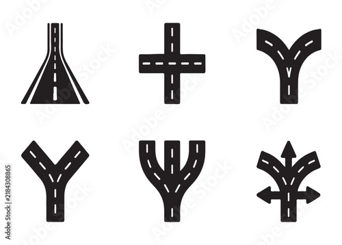 Set of black highway junction and fork vector icons on grey transparent background for map navigation design.