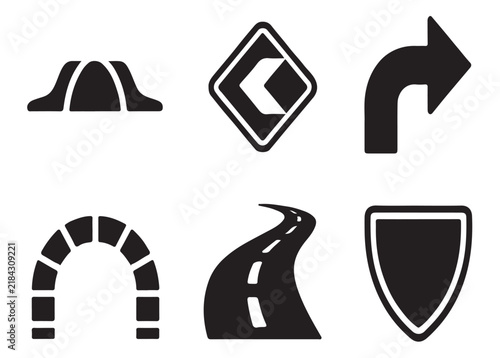 Directional road sign icons including tunnel and curved path silhouettes for mobile navigation interface.