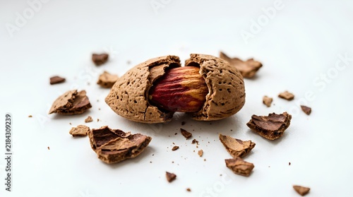 Cracked brown almond shell revealing colorful reddish inner nut kernel surrounded by scattered broken shell fragments on a clean plain white background, natural healthy snack food photography