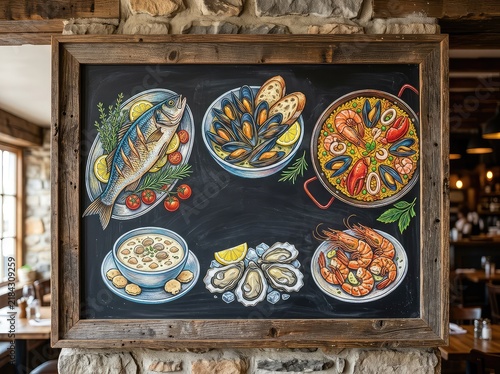 A hand-drawn chalkboard menu at a rustic seafood restaurant featuring daily specials of fresh fish, shellfish, and appetizing dishes, dinner, ocean, chalk