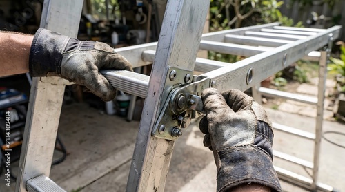 Close-up photograph of hands wearing protective work gloves adjusting the metal hinge of an aluminum folding ladder during outdoor DIY maintenance, repair, assembly, and home improvement work session