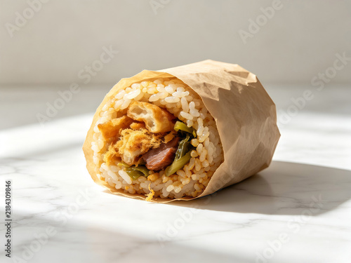 Chinese stuffed glutinous rice roll wrapped in kraft paper, traditional street food