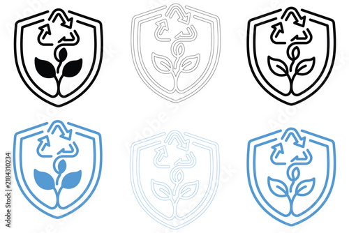 Environmental Protection and Recycle Line Icon Set, Eco Friendly Plant Sprout and Shield Symbol Collection
