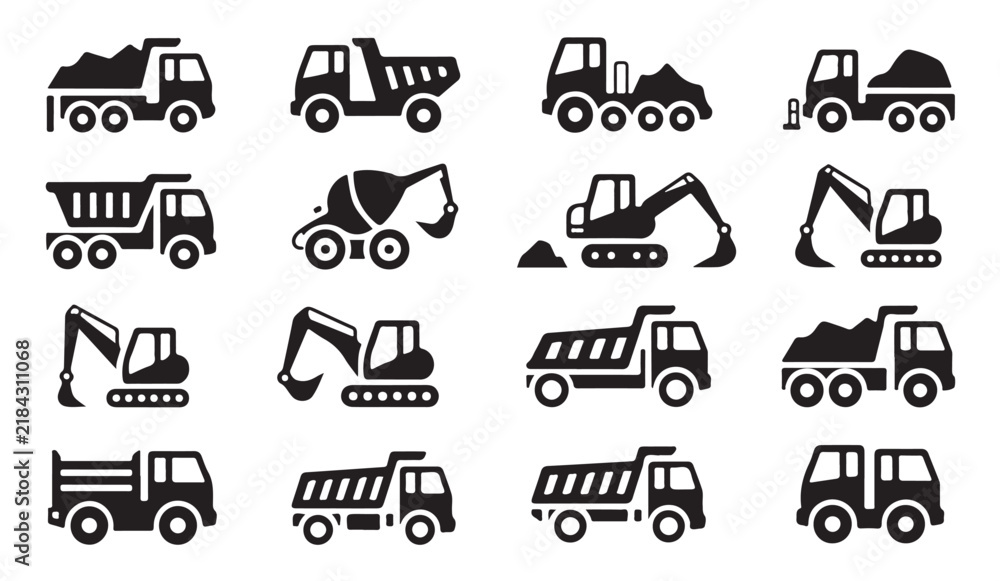 Obraz premium Excavator machinery and heavy dump truck icons illustrating mining excavation and building site operations.