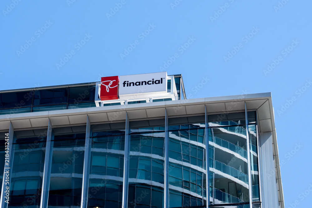 Obraz premium Toronto, Ontario, Canada - September 6, 2026: Exterior rooftop sign of President's Choice Financial (PC Financial) on an office building. Toronto, Ontario, Canada. PC Financial is a Canadian financial