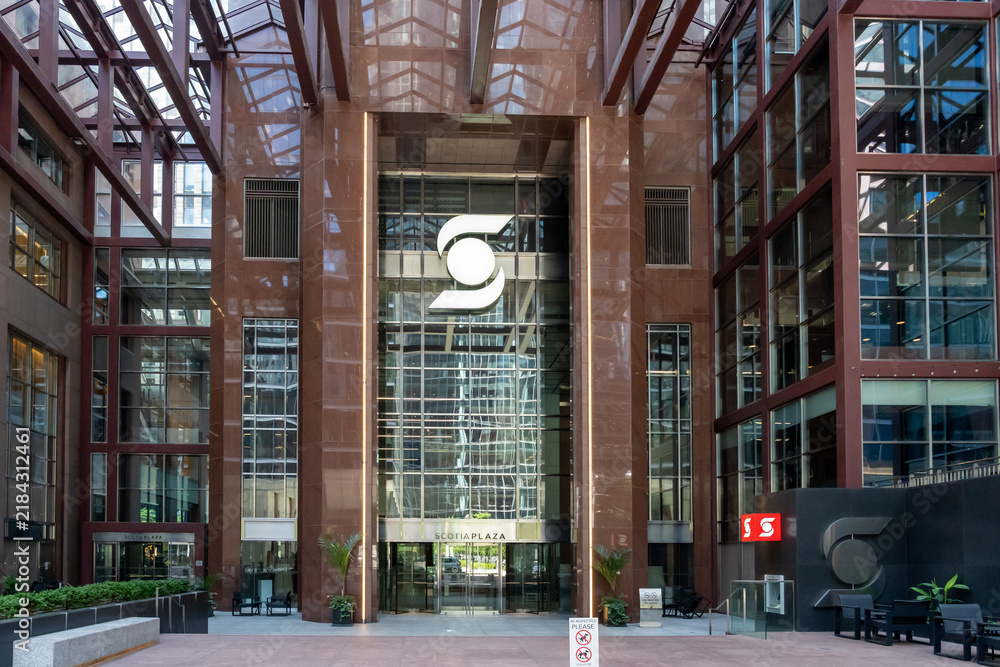 Obraz premium Toronto, Ontario, Canada - September 7, 2026: The main atrium entrance of Scotia Plaza on King Street West in downtown Toronto, Ontario, Canada. Scotia Plaza serves as the global headquarters for Sco