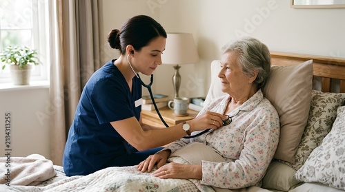 Caring female nurse in blue scrubs using a stethoscope to check the heartbeat of an elderly woman patient lying in bed during a home medical visit in a bright, comfortable bedroom setting.