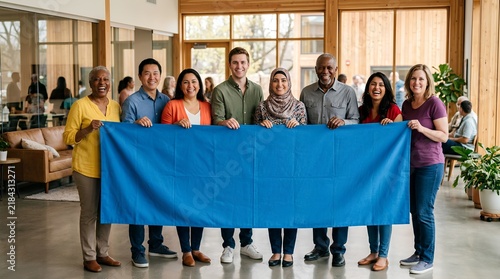 Diverse group of multiethnic smiling people standing together in a bright modern community center, holding a large blank blue banner for custom text, copy space, and promotional messages.