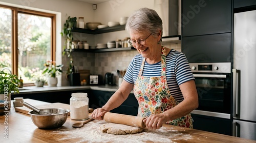 Cheerful smiling elderly woman in glasses and floral apron rolling dough on floured kitchen counter, cozy home baking scene with natural light