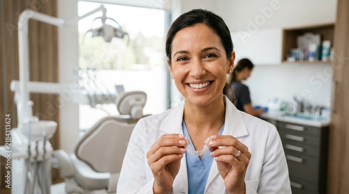 Smiling female dentist in white coat holding clear dental aligners in bright modern clinic, close-up portrait with dental equipment and assistant in background