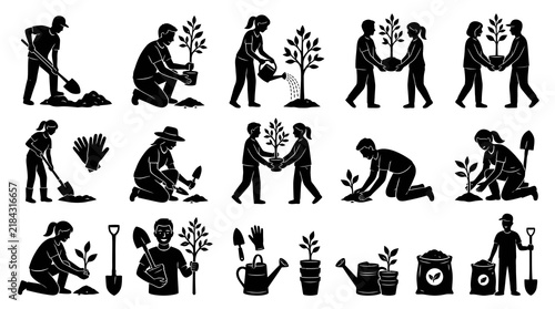 Black and White Glyph Icons of People Gardening and Planting Trees