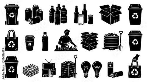 Recycling Icons Set Black And White Bin Trash Can Bottle Box Lightbulb Battery