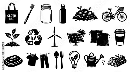 Eco-friendly Icons: Green Living, Recycling, Sustainability, Renewable Energy - Black and White Vector Art