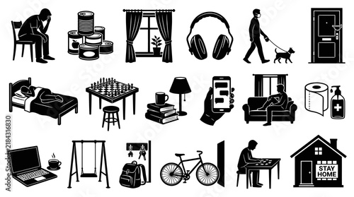 Black and White Glyph Icons of Home Activities and Isolation During Pandemic