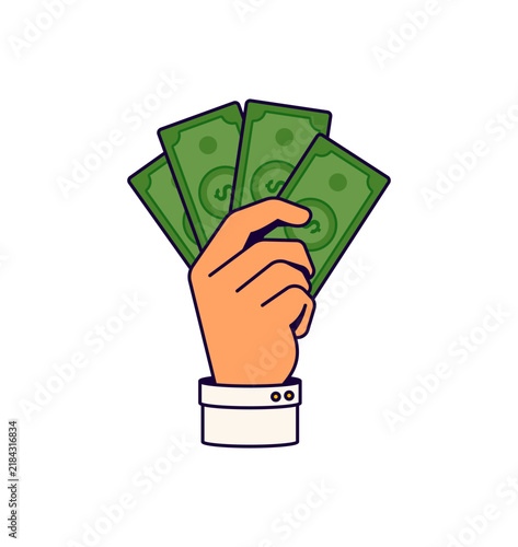 Hand holding spread green cash bills with business shirt sleeve. financial payment and salary concept illustration. vector art with bold outlines on white background cartoon style07