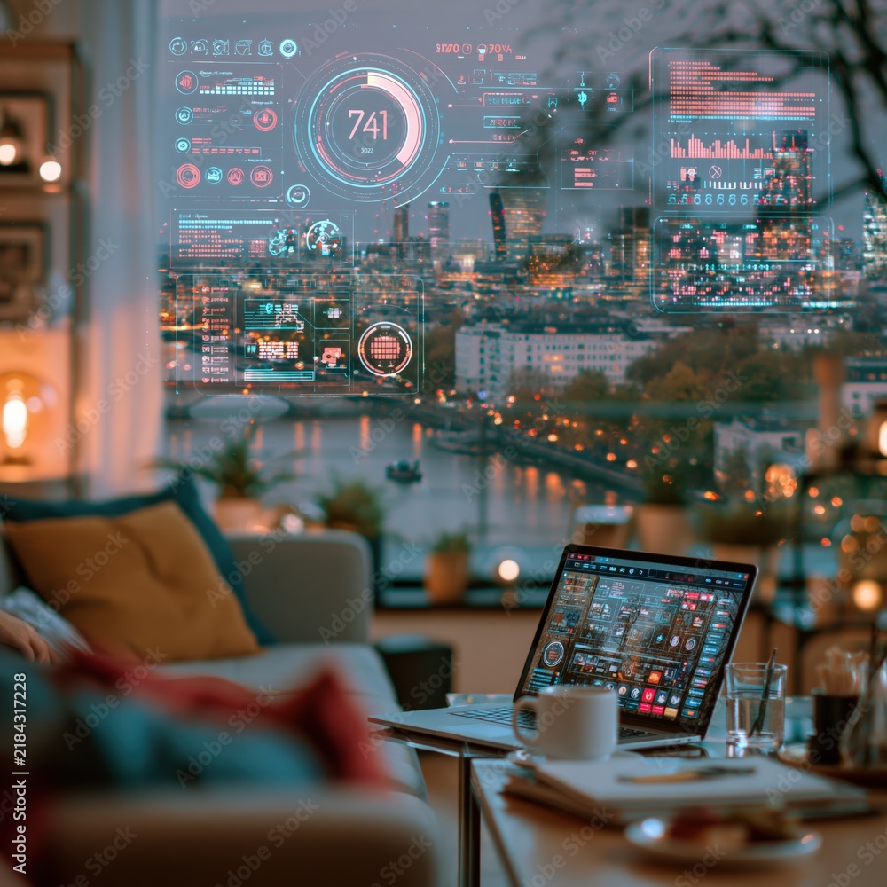 Fototapeta premium View from luxurious modern office through transparent solar glass windows overlooking glowing futuristic green city skyline at evening twilight.