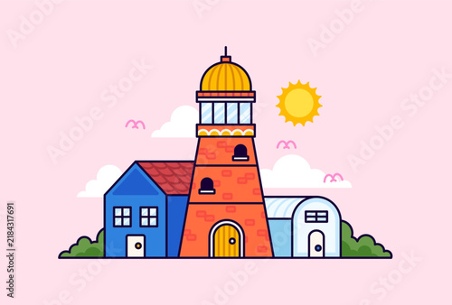 Lighthouse surrounded by colorful houses, clouds, greenery, and sunshine. Ideal for coastal travel, seaside communities, maritime, and vacation concepts. vector illustration design