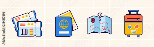 Travel illustration featuring airline tickets, passport, destination map, and colorful suitcase. Perfect for vacation, tourism, holiday planning, and adventure concepts.