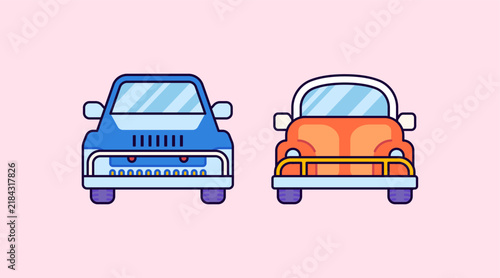 Cartoon blue pickup truck and orange retro car facing forward on pink backdrop. cute vehicle icons for transportation and automotive concepts. vector illustration with bold outlines