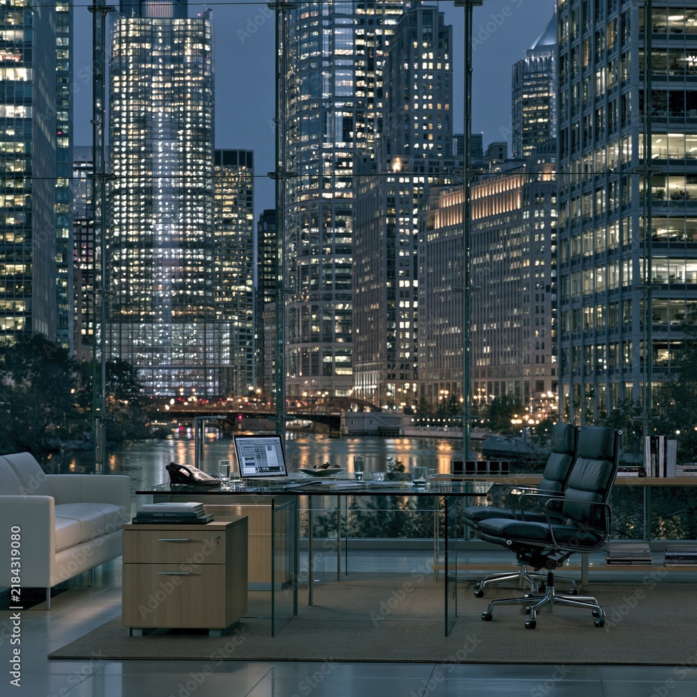 Fototapeta premium View from luxurious modern office through transparent solar glass windows overlooking glowing futuristic green city skyline at evening twilight.