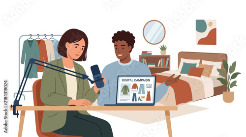 Couple recording podcast with laptop in modern bedroom.