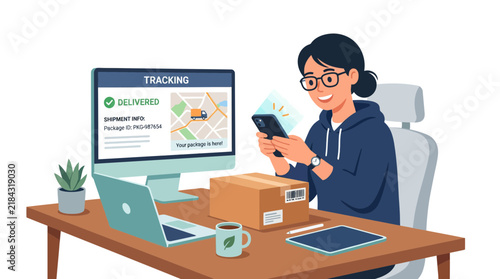 Woman tracking package delivery using computer and smartphone