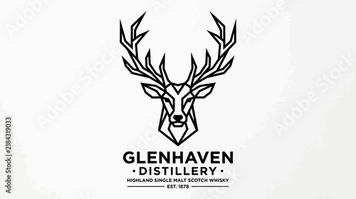 Geometric stag head logo for whiskey distillery brand.