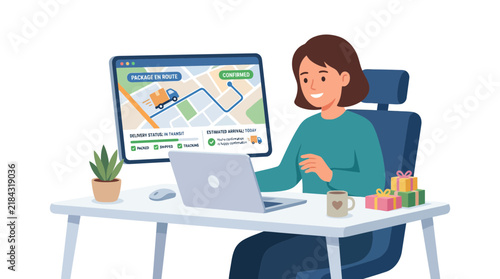 Woman monitoring package delivery progress on computer