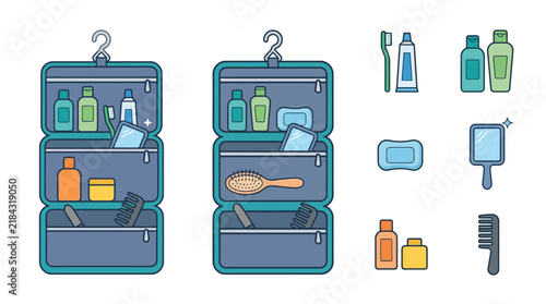Hanging toiletry bag and personal hygiene icon set.