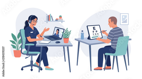 Remote workspace and eye clinic examination scene illustrations.