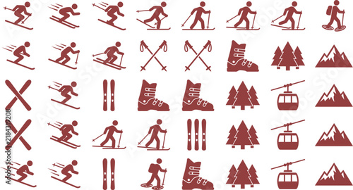 Winter skiing icons set, maroon mountain resort pictograms, 35 vector elements for ski maps and travel infographics