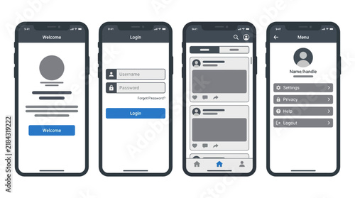 Mobile user interface wireframe screens for smartphone applications.