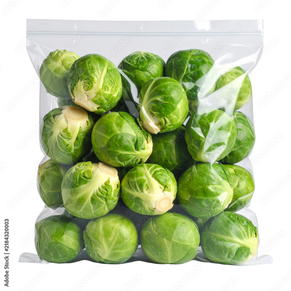 Fototapeta premium Vacuum pack of Brussels sprouts Isolated on Transparent or White Background