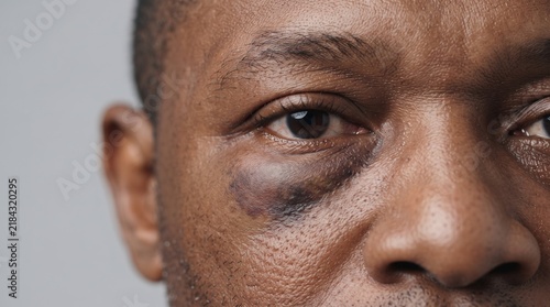 Close Up of Black Man Face with Severe Black Eye Bruise and Swelling