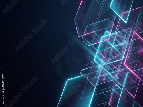 Abstract geometric planes with glowing neon lines in a dark futuristic digital space.