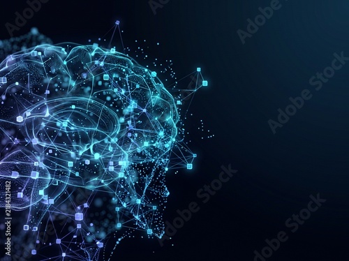 Digital human brain made of glowing network nodes and data particles on dark background