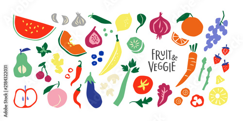 Assorted fruit and vegetable cutout style illustrations with watermelon, citrus slices, grapes, berries, banana, pear, tomato, eggplant, carrot, asparagus and mushrooms