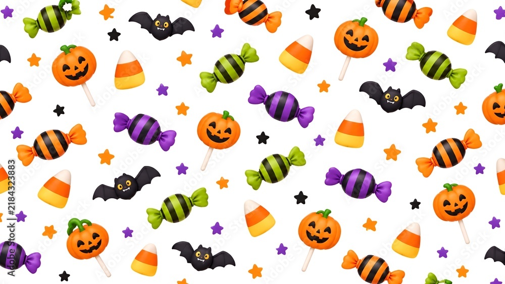 Fototapeta premium Cute Halloween Candy Seamless Pattern with Pumpkins, Bats and Candy Corn