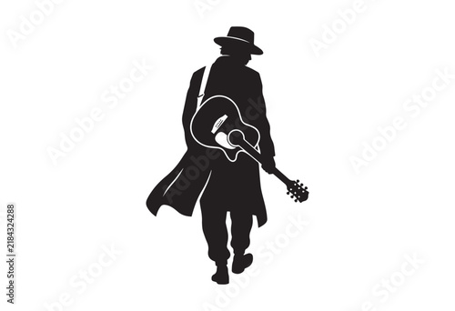 Guitar player silhouette vector. Guitarist musician silhouette with acoustic guitar.