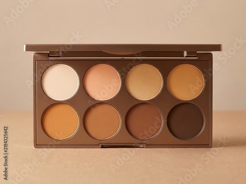 Eyeshadow palette with various neutral brown shades and a single dark purple color. skintone palette