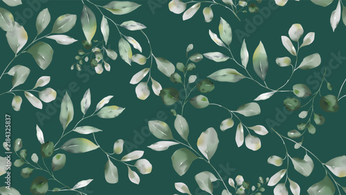 Leaves seamless pattern featuring watercolor-style soft green and silvery lea...