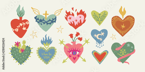 Mexican sacred heart illustrations with flaming hearts, cactus, snake, flowers, seeing eye, stars, cross and Viva la Vida lettering